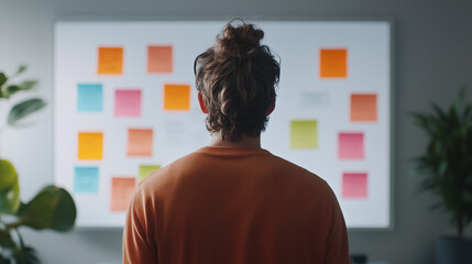 Creative individual analyzing colorful sticky notes on wall.