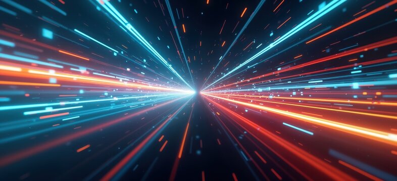 Abstract 3d render shows fast moving digital lines. Colorful lines move in central point. Futuristic cyber space environment. High tech pattern. Fast speed motion. Abstract lines data. Dynamic