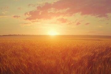 Obraz premium Vast wheat field glowing under the setting sun with a golden horizon.