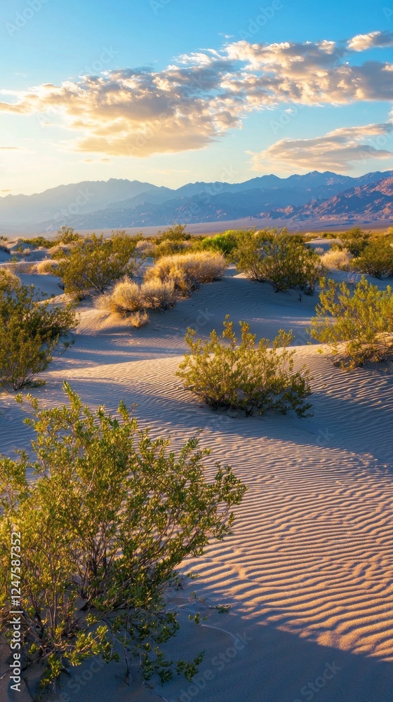 Poster Golden light filters through soft clouds, illuminating the undulating desert sand. Sparse shrubs add life to the serene landscape, creating a tranquil oasis at dusk