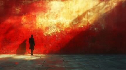 Red wall and lonely figure
