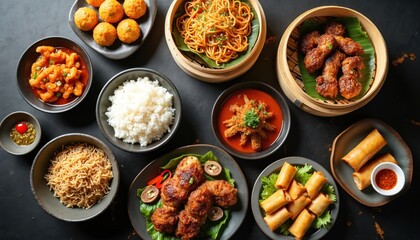 Top view of various appetizing Chinese dishes arranged on dark table. Noodles fried rice dumplings Peking duck dim sum spring rolls presented in bowls, bamboo steamers. Asian restaurant concept food