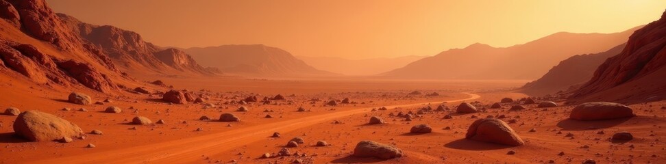 Crimson dust blankets Mars' rocky terrain, scattered boulders dot the desolate landscape , dry, cosmos