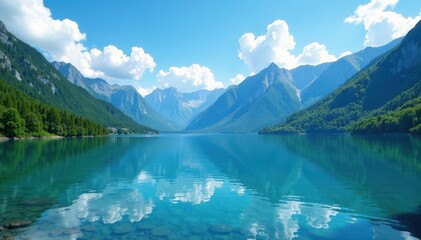 Expansive lake view, majestic mountains under clear summer sky, holiday, summer, relaxing