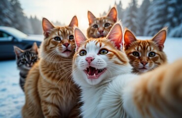 Group of ginger cats taking selfie outdoors. Cats are adorable and playful. Snowy winter scene in background. Cats are looking directly at camera. Cute animals are happy and lively. Funny pet photo.