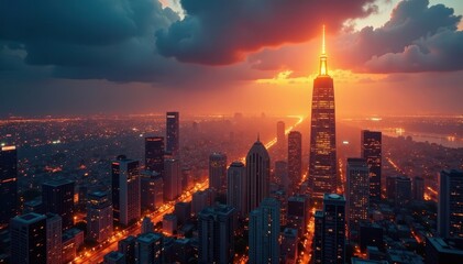 Fototapeta premium Golden hour cityscape, towering skyscrapers ablaze with yellow lights, architecture, construction