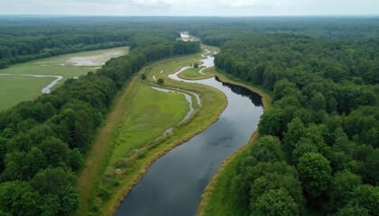 Aerial view of curvy river winding through green forest, marshland in Poland. Nature scene with flowing water, trees. Summer landscape shows tranquil, beautiful countryside. Natural environment.