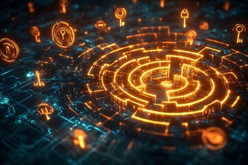 Glowing Futuristic Digital Technological Abstract Circular Pattern with Radiant Energy Waves and Pulsing Lights in the Background