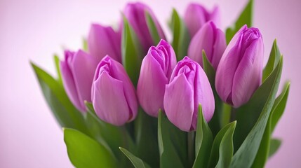 A vibrant bouquet of pink tulips with green leaves against a soft pink background.