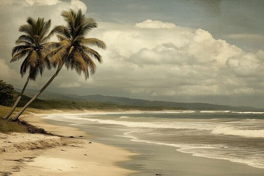 A serene tropical beach featuring palm trees and gentle waves under a cloudy sky.