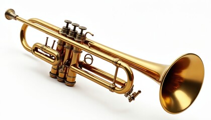 Obraz premium Shiny brass trumpet polished to perfection. Musical instrument presented on white background. Pro equipment for music. Beautiful trumpet ideal for music studios, classical music events. Traditional
