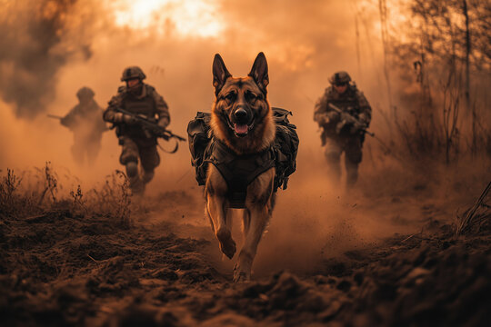 K9 dog unit in training with the military wearing tactical gear