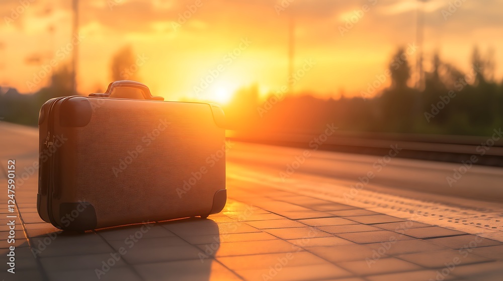 Poster a lone suitcase rests on a platform bathed in golden sunlight, evoking a sense of adventure and nost