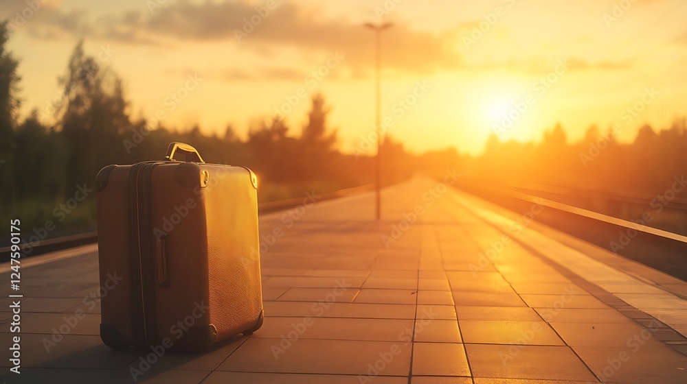 Poster A lone suitcase rests on an empty platform as the sun sets, creating a serene and nostalgic atmosphere.