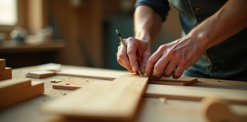 Focused hands gluing wooden bars, carpentry workshop, occupation, artisan, tools