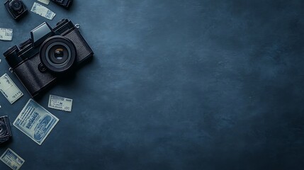 Fototapeta premium A vintage camera rests on a dark surface, surrounded by old photographs and scattered currency, evoking nostalgia and a sense of history.