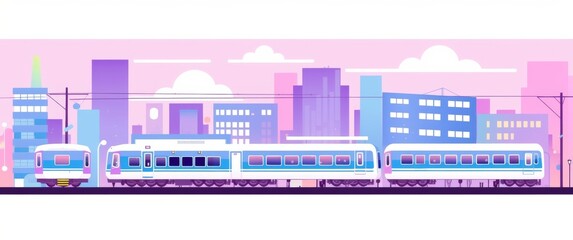 Obraz premium city buildings and a light rail train, set against a purple and blue gradient background