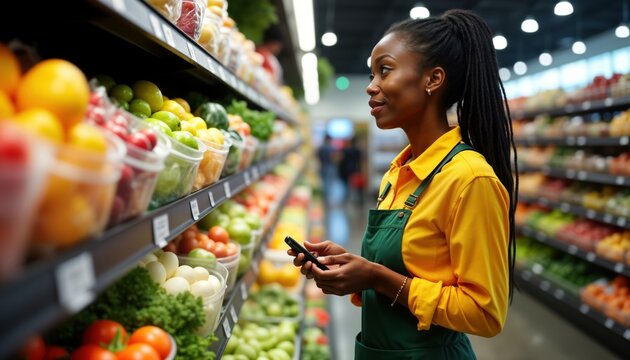 African American female employee works in grocery store. Examines fresh produce. Indoor setting, likely supermarket. Happy worker, likely staff member, stands among fruit, vegetable displays. Adult, - Powered by Adobe