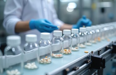 Pharmaceutical factory worker in blue gloves fills small glass bottles with medicine pills on automated production line. Bottles lined up on conveyor belt. Scene shows modern automated medicine