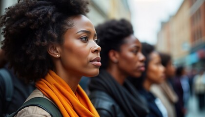 Obraz premium Diverse group of people gather in urban area. Solidarity, resilience displayed. Focus on people faces expressing contemplation. Powerful image captures moment of urban community resilience, racial