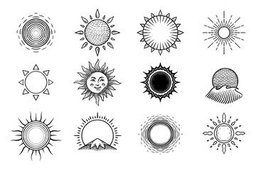 Hand drawn suns rays of light engraved in old vintage style. Solar power and waves. Ecology symbol of reusable energy sunbeams