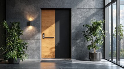 Showcasing a sleek door hanger design, this contemporary door stands out in a polished studio. The blend of textures and greenery highlights branding potential ideal for marketing materials