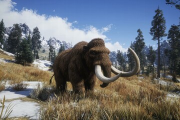 Woolly mammoth in a prehistoric landscape. AI.