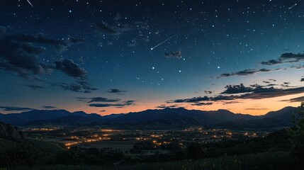 Naklejka premium Majestic Mountain Range Under a Starry Night Sky with Shooting Stars