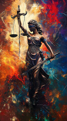 Lady Justice figure with chaotic colors background