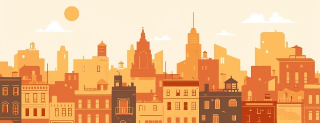 a city skyline with simple shapes, featuring city buildings in a predominantly orange and brown color palette