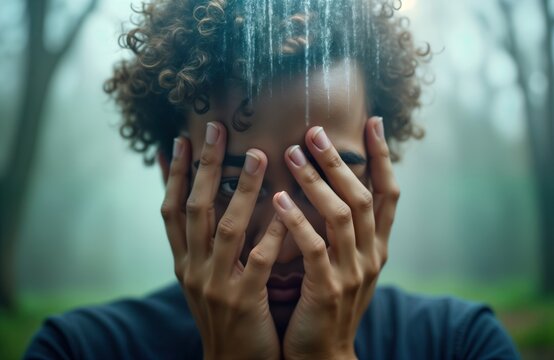 Person covering face with hands outdoors. Blurred background suggests emotional distress. Image evokes themes of mental health awareness, seeking support. Photo suitable for mental health resources.