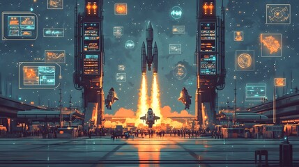 Futuristic Spaceship Launching Into Vast Cosmic