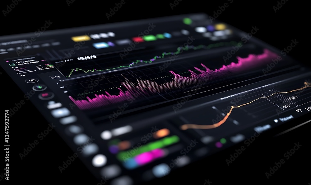 Fototapete A modern digital interface displaying colorful data visualizations, including graphs and charts, set against a dark background.
