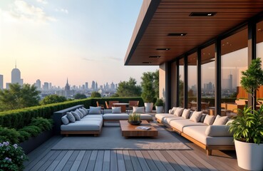 Fototapeta premium Modern home patio offers city views. Spacious deck with comfortable furniture. Relaxing outdoor lounge area. Empty patio in daylight. Luxury urban design. Stylish terrace with green plants. Beautiful