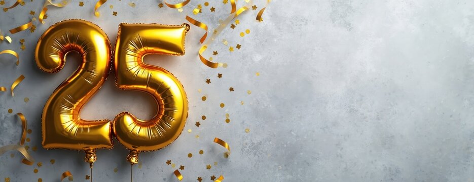 Golden foil balloons shaped as number 25. Festive decorations like confetti, ribbons spread on gray concrete surface. Celebratory atmosphere for birthday anniversary. Elegant design for invitations