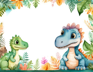 Fototapeta premium Children's book cover. Cute cartoon dinosaur background in watercolor style