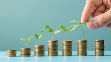 Closeup on hand sustainable finance and investment concept with a plant sprouting from savings coins.