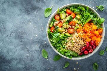 Quinoa in bowl from top view background with space.