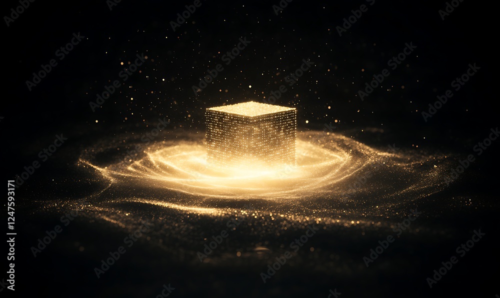 Aufkleber a glowing cube surrounded by swirling golden particles against a dark background, creating a mystica
