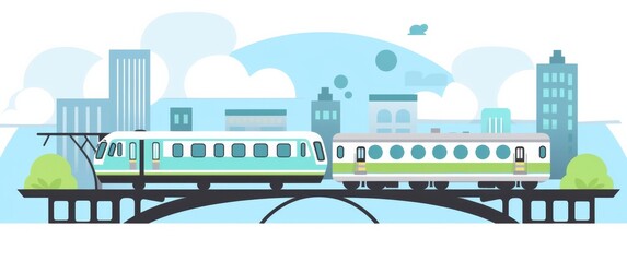 a city with a green monorail on a bridge over a street, surrounded by buildings and trees, using a blue and green color scheme