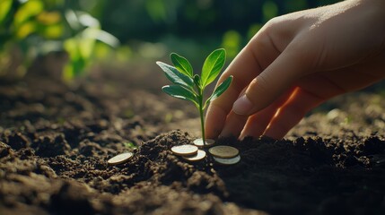 Closeup on hand sustainable finance and investment concept with a plant sprouting from savings coins.