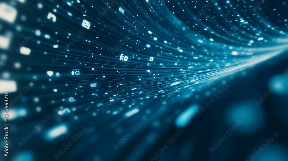 Aufkleber A visual representation of data flowing in a dynamic, digital landscape, showcasing a vibrant blue backdrop with glowing binary elements.