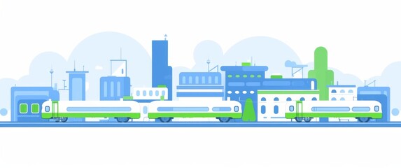 a city with a green monorail on a bridge over a street, surrounded by buildings and trees, using a blue and green color scheme