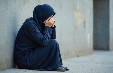 Sad woman sits on city street. Covered face, dark clothes. Seems distressed, alone. Everyday scene of hardship. Possible refugee migrant. Possibly seeking help alms. Urban setting. Daytime.