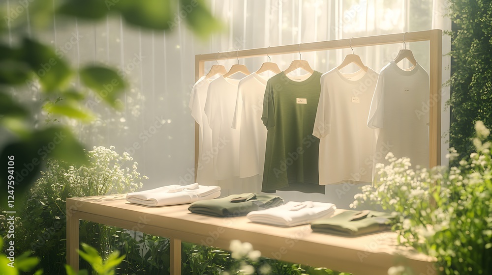 Poster a serene display of hanging and folded shirts amid lush greenery and soft lighting, creating a tranq