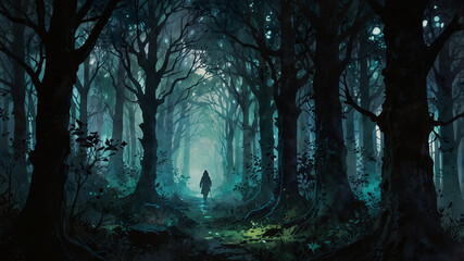 Fototapeta premium Mysterious silhouette figure standing in dark misty fantasy forest path