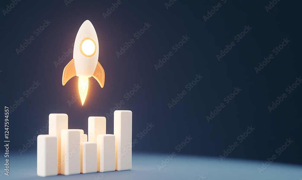 Aufkleber a stylized rocket is launching above a series of white bar graphs, symbolizing growth and innovation