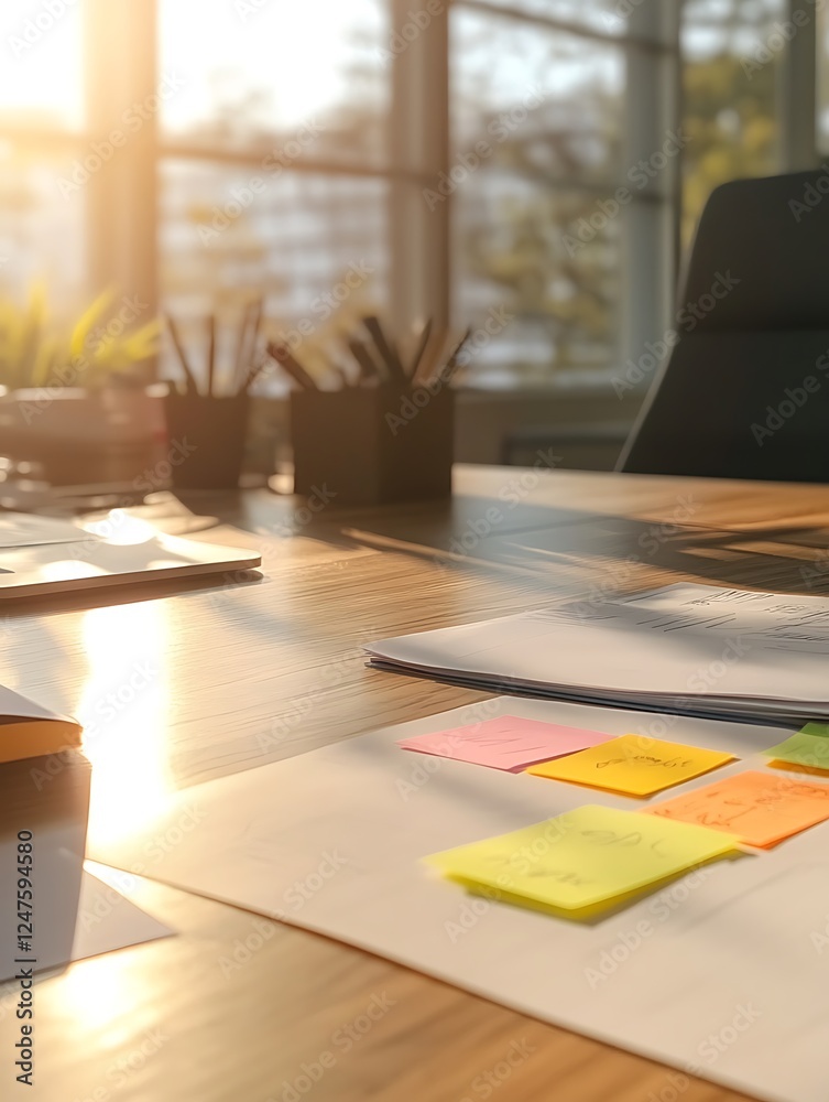 Aufkleber a sunlit workspace features colorful sticky notes, a tidy desk, and potted plants, creating an invit