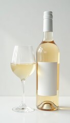 Elegant white wine glass, crisp bottle, white backdrop, drink, white wine