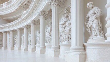 Obraz premium Classical statues line a white columned hall; background architectural details